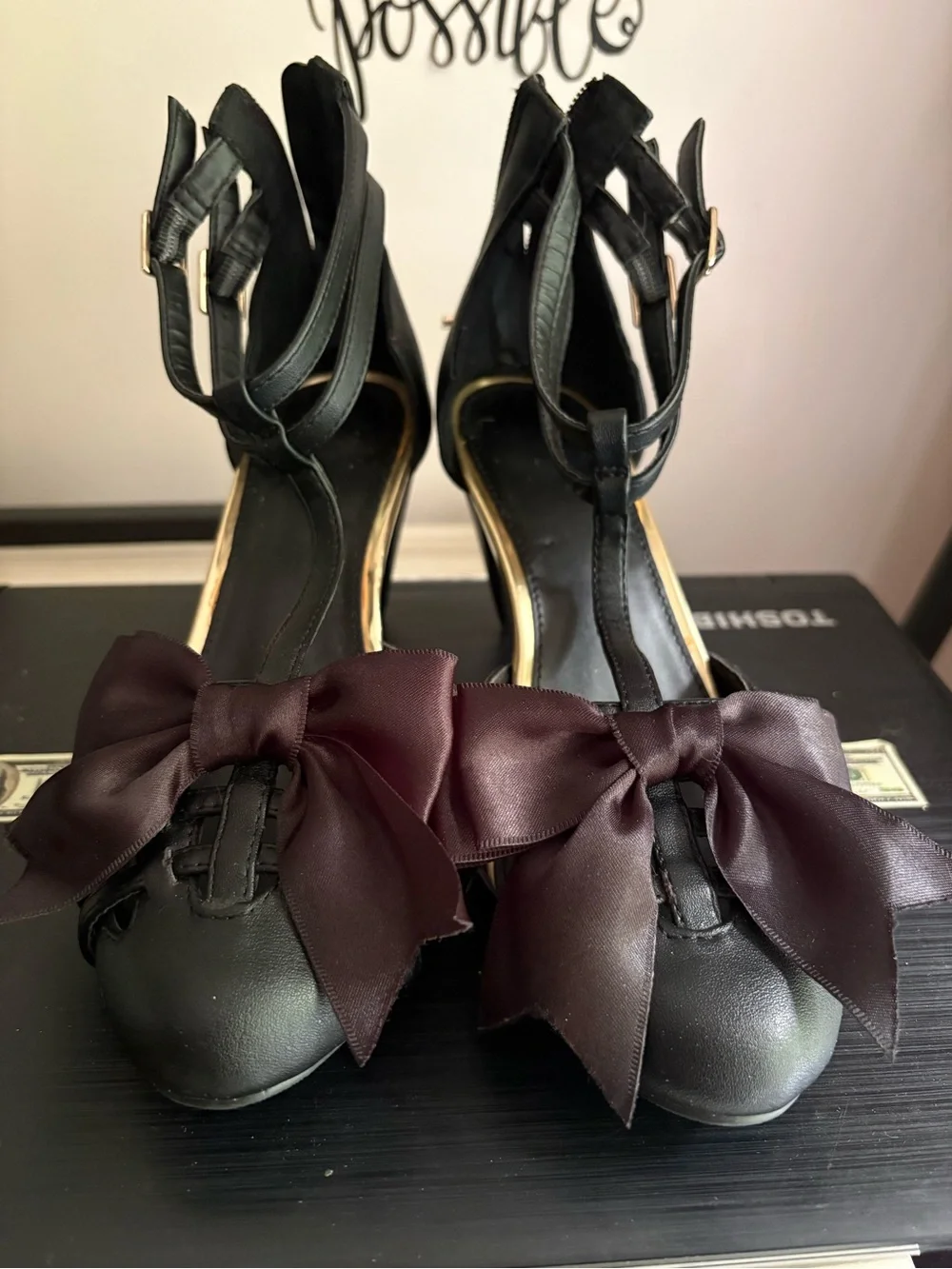 Avon Black Strappy Heels with Purple Satin Bow